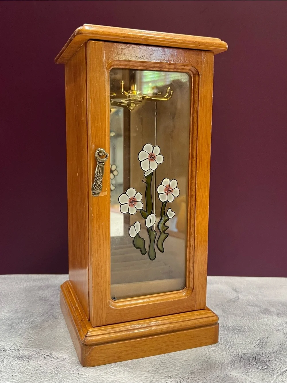 Vintage Tabletop Wooden Jewelry Armoire Cabinet MCM Floral Glass Window